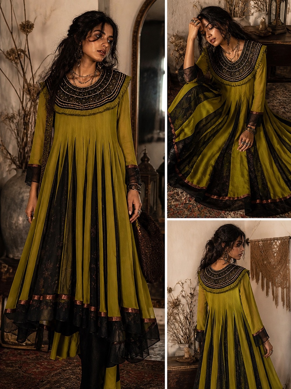 Boho Luxe Embellished Anarkali Dress Chartreuse Black Sheer Whimsigoth Festival